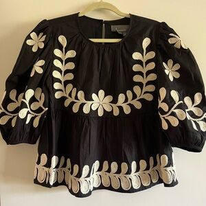 Anthropologie Black Blouse with White Embroidery
